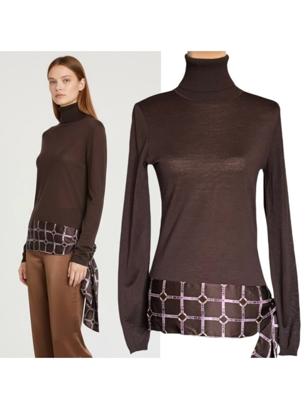 Bally Switzerland Turtleneck Sweater Sz 6 Brown Wool Silk Sash Luxury Old Money